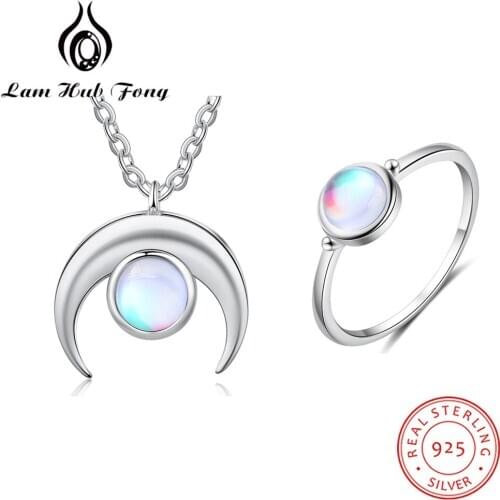 925 Sterling Silver Ring Necklace Sets Moonstone Jewelry Moon Pendant Necklaces Women Wedding Bridal Jewelry Sets (Lam Hub Fong)