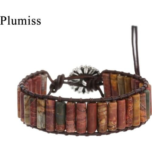 Red Creek Jaspers Bracelet Natural Stone Picasso Jaspers Tube Beads Leather Wrap Bracelet for Women Jewelry Femme Luxe Marque