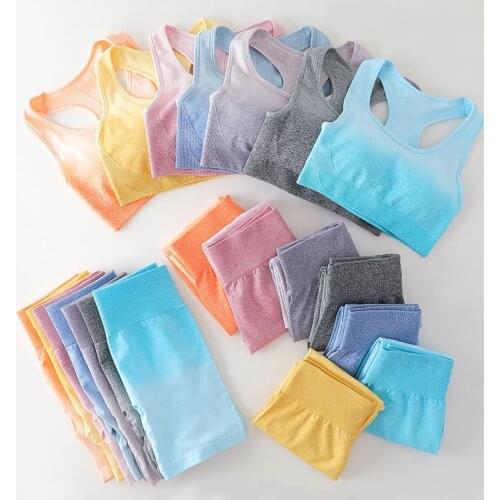 CHRLEISURE Womens Gradient Suit Fitness Bra Set High Waist Fitness Leggings Push Up Tight and Thin Sport Femme Wo