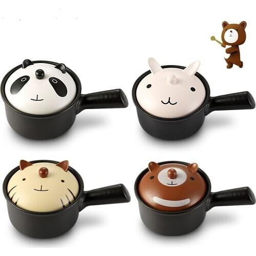 Ceramic Milk Pot Korean Cartoon Animal Cat Rabbit Black 1L Single Handle Casserole Household Kitchen Supplies Cooking Utensils