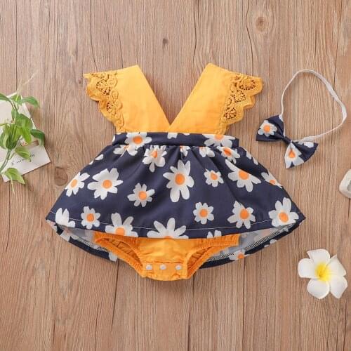 2Pcs Toddlers Baby Girls Summer Outfits Floral Print Lace Sleeves Dress Rompers + Headband Newborn Cotton Summer Clothes