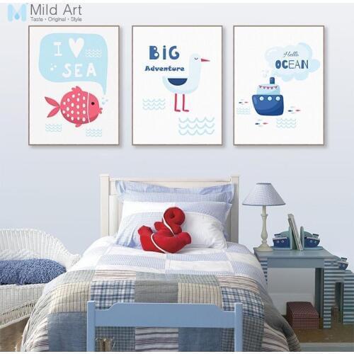 Colorful Kawaii Ocean Animals Fish Sea Quotes Boat Posters Prints Nordic Kids Room Wall Art Pictures Home Decor Canvas Paintings