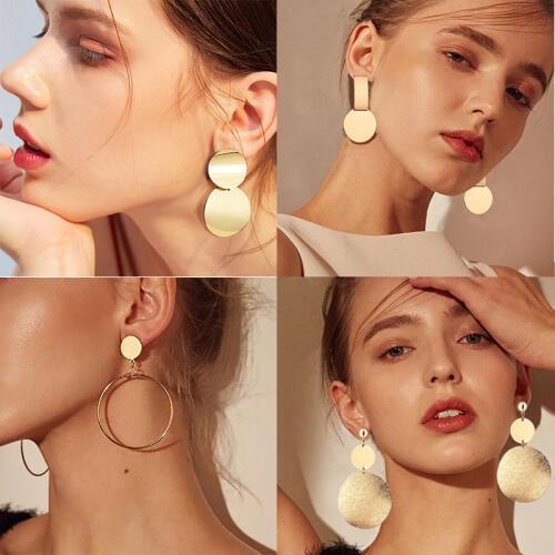 Fashion Earrings For Women Gold Metal Single Drop Dangle Earrings Vintage Statement Round Geometric Earring 2019 Fashion Jewelry