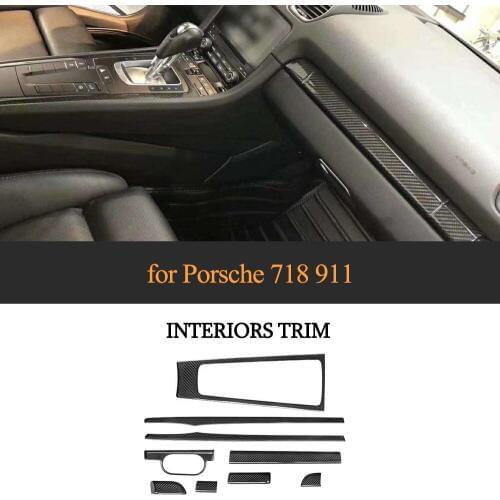 9pcs Car Central Console Gear Shift Frame Interior Door Panel Trim Real Carbon Fiber For Porsche Cayenne 718 911 2016-2018
