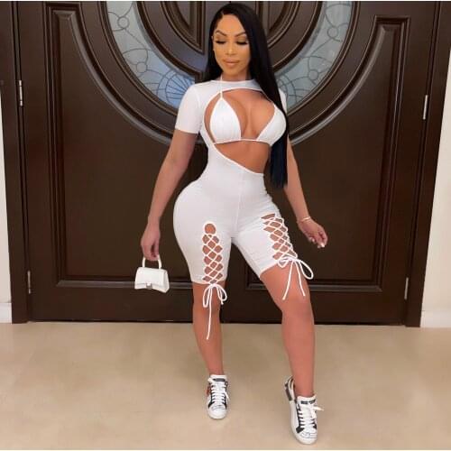 Adogirl Sexy Women Hollow Out Bandage Romper Fashion Cut Out Holes Playsuit Party Night Club One Piece Outfits Short Jumpsuit