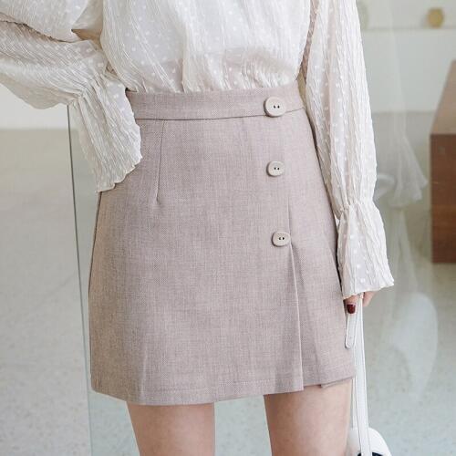Korean Style A-line Skirt 2019 Autumn New Elegant Solid High Waist Button Pleated Single-breasted Slim Mini Skirt Female