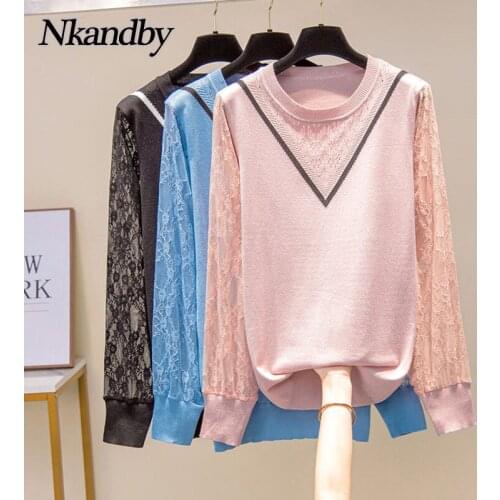 Nkandby Plus Size Knitted Sweaters Women 2021 Autumn Lace Long Sleeve Pullovers Jumpers Spliced Large Korean Basic Knitwear Tops
