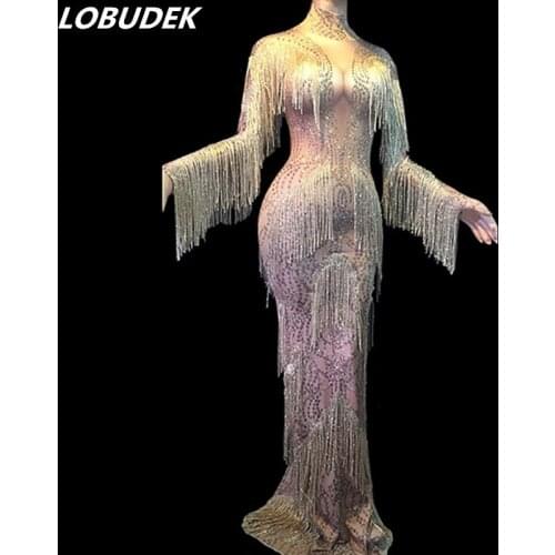 Fashion Female Evening Party Fringes Crystals Dress Costume Tassels Sleeve Stretch Leotard Long Dress Nightclub Singer Dresses
