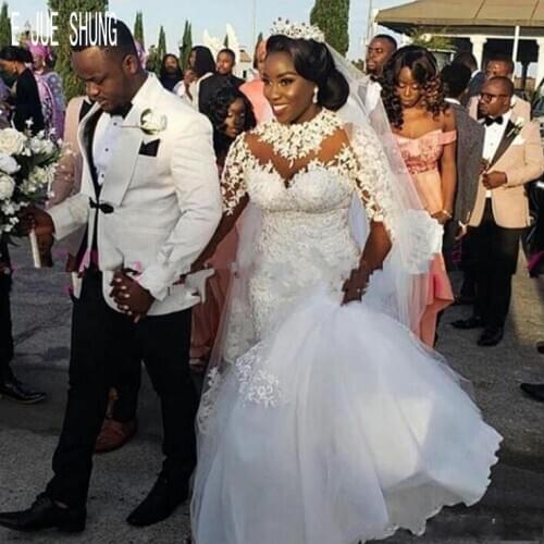 E JUE SHUNG African Lace Mermaid Wedding Dresses High Neck Long Sleeves Bridal Gowns Appliques pearls Wedding Gowns