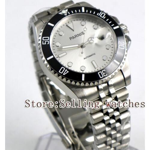 40mm Parnis white Dial Black Ceramic Bezel Jubilee Style Strap Sapphire Glass MIYOTA Automatic Mens Watch steel case