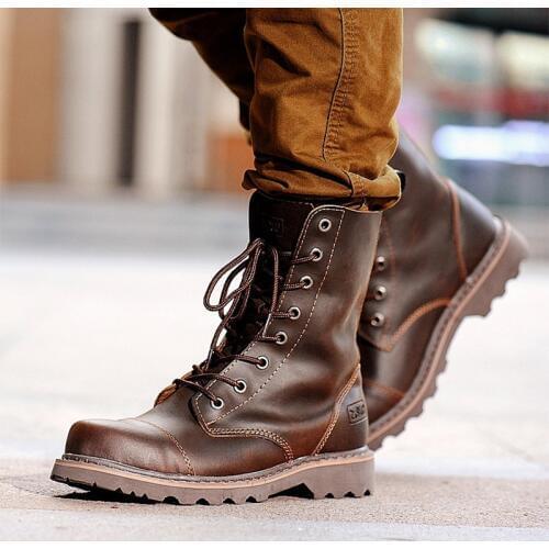 Mid-Calf Genuine COW Leather Martin Boots Cowboy Tactical Boots Shoes Male Desert Mens moto Boots bota masculina