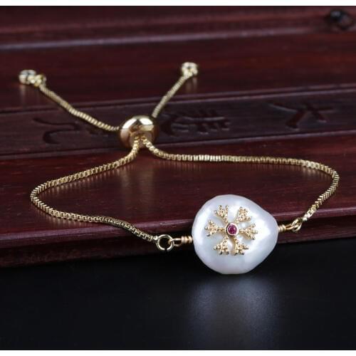 Multi color cz paved tiny snow snawflake charm freshwater pearl bead dainty gold thin link bracelets for women jewelry gift