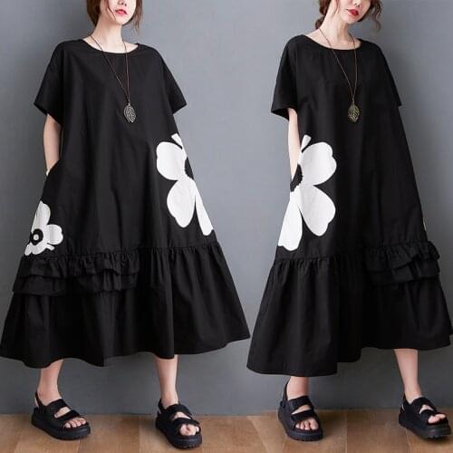 COIGARSAM Print Women Long dress New Summer Loose Dresses Large Black White 3208