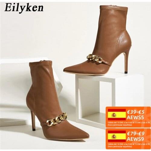 Eilyken Spring Autumn New Sexy Pointed Toe Stiletto Heels Ankle Boots Women Fashion Chain Decoration Ladies Shoes Size 35-40