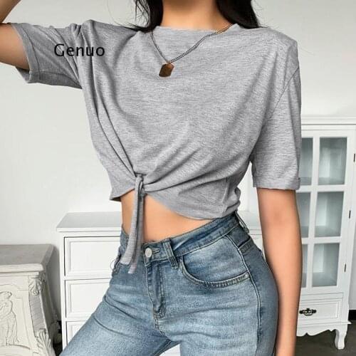 Casual fashion cotton women T-shirt summer High waist crop top shoulder pads High street basic T-shirts fashion new 2021
