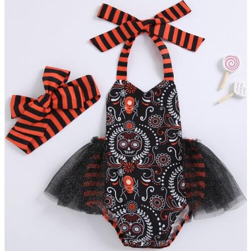 Newborn Baby Girl Halloween Halter Romper Mesh Dress Lovely Cute Casual Backless Bandage Bow Jumpsuits + Headband 2pcs Outwear