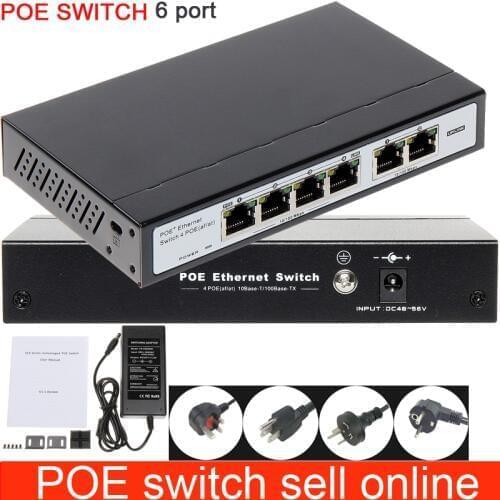 6 Ports 4 PoE Injector POE Power Over Ethernet Switch with outside power adapter for the dahua hikvision onvif ip camera
