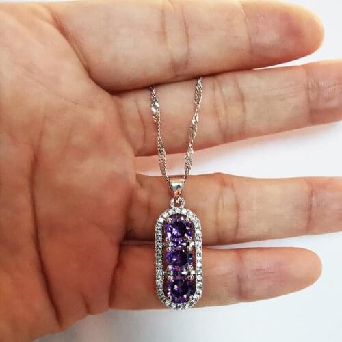 Purple Round Sterling silver plated Zircon Earrings Necklace Pendant Jewelry Fashion Anniversary Set JS862