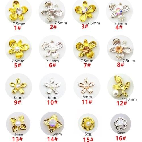 50pcs/pack Korea Metal 3D Nail art Decorations Kawaii Flower with glitter Crystal Pearl Nail Parts DIY Alloy Nail Accessories
