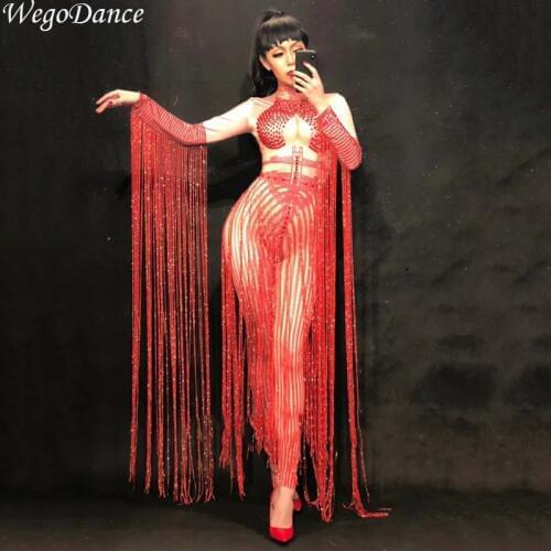 Glisten Crystals Red Jumpsuit Sexy Long Tassel Women Outfit Nightclub Female Singer Costume Stage Dance DS Performance Clothing