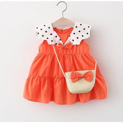 Fashion Baby Girls Sleeveless Dresses Toddler Polka Dot Collar Clothes Cute Bowknot Children Vestidos With Bags Casual Clothes