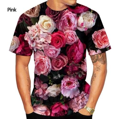 Rose T-shirt Mens Fashion 3D Printing T-shirt Summer Casual Short Sleeve Flower Shirt Top