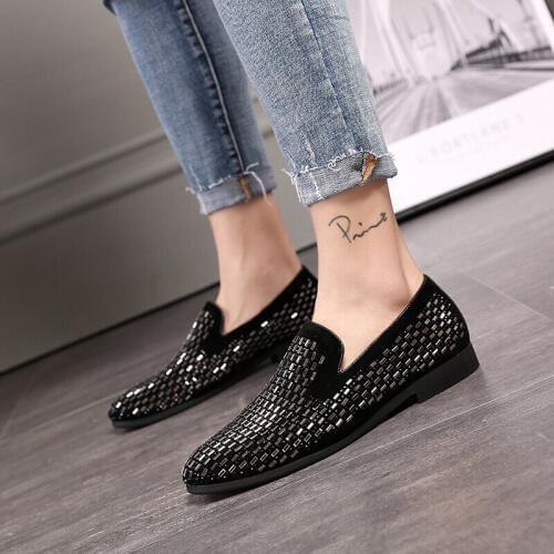 Plus size48 crystal glitter slip on mens black loafers causal driving flats mocasines hombre zapatos summer mens shoes formal