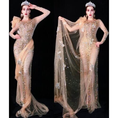2020 Women New Multi-color Shining Rhinestones Transparent Long Dress Wedding Celebrate Outfit Mesh Singer Dance Bar Dresses