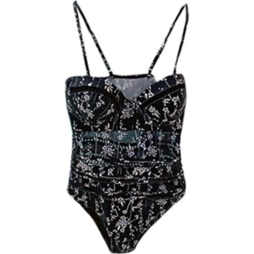 2021 New Women Printed Bikini Swimming Sexy Mesh Stitching One-piece Swimsuit Steel Underpants Gathered Female Bikini