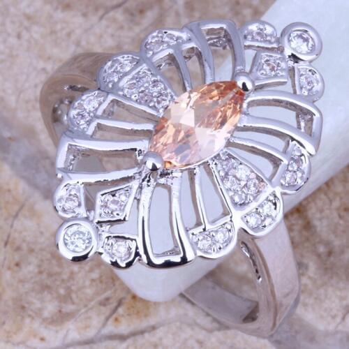 Pierced Champagne Morganite White CZ Silver Plated Ring Size 6 / 7 / 8 / 9 D600A