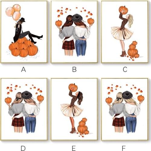 Scandinavian Best Friend Poster Art Self Adhesive Wall Stickers Print Girl with Pampkin Painting Wall Picture Home Decoration