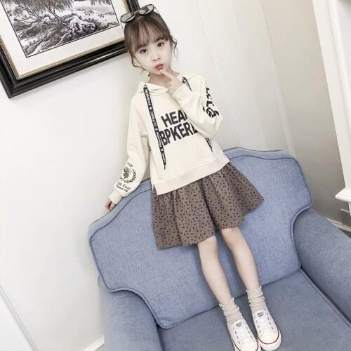 Spring And Autumn Girls' Casual Sweater Dress, Little Girl, Big Boy, Fake Two-Piece Hooded Korean Style Western-Style Dress
