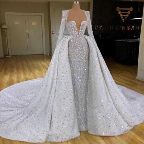 Luxury Long Sleeve Sweetheart Sequined Crystal Beaded Straight Wedding Dresses with Ball Gown Detachable Train Wedding Gowns