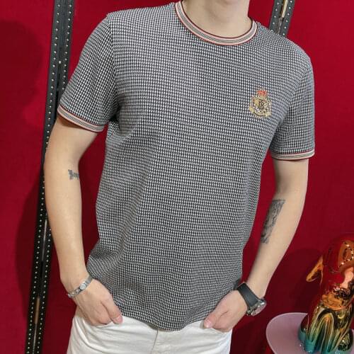 2021 summer new plaid t-shirt short sleeve high-end trend round neck slim letter embroidery shirt