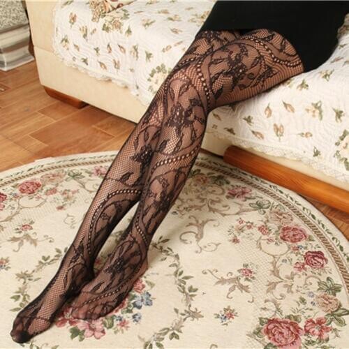 Sexy Lingerie Women Mesh Fishnet Stockings Lace Jacquard Thigh High Tights Thin Pantyhose Lace Hosiery