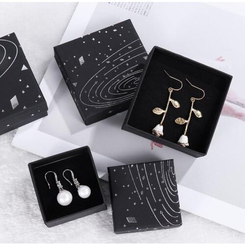 Dreamy Star Silver Jewelry Gift Storage Box With Blue Gold Ribbon Earrings Ring Necklace Bracelet Black Gift Packaging Box