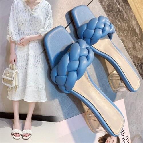 New 5CM Square Heels Woven Slides Women Sexy Transparent Mules Rope Lattice Peep Toe Female Outside Slippers Mujer Elegant Shoes