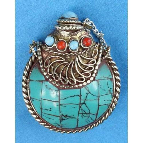 Tibet Silver + Turquoise Snuff Bottle With Scoop Free shipping