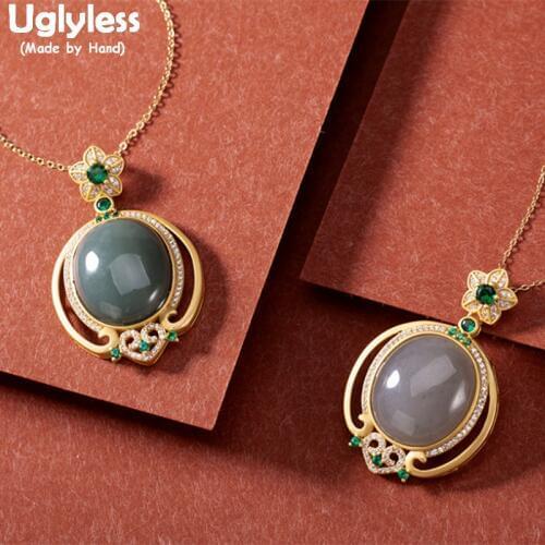 Uglyless Vintage Palace Style Gold Flowers Jewelry Sets Women Agate Jade Earrings Pendants Necklaces NO Chains 925 Silver Hearts