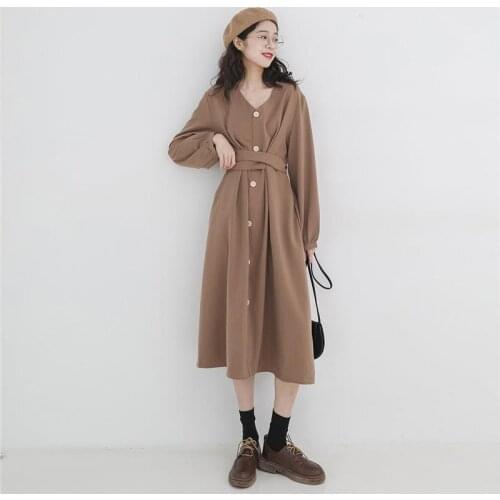2020 Spring Autumn Fashion Female Batwing Sleeve Vintage Japan Style Solid Dress Women Casual Loose Wrap Oversize Dresses A18
