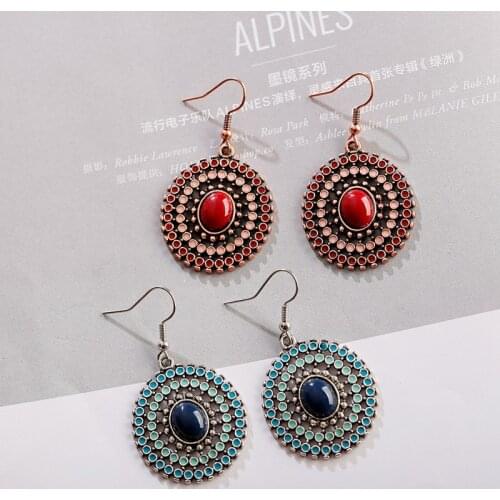 Vintage Boho Red Blue Round Hollow Ladies Earrings Fashion Jewelry Ethnic Women Earrings Drop Earrings Oorbellen