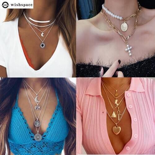 Wishspace beach summer wind exaggerated multilayer metal fashion women pendant necklace fashion jewelry wholesale