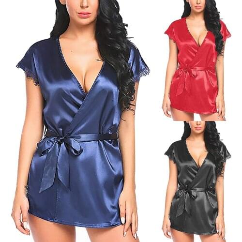 New Womens Satin Nightdress Silk Lace Robe Bath Gown Hot Sale Kimono Bathrobe Solid Color Lingerie Female Sleepwear 2021
