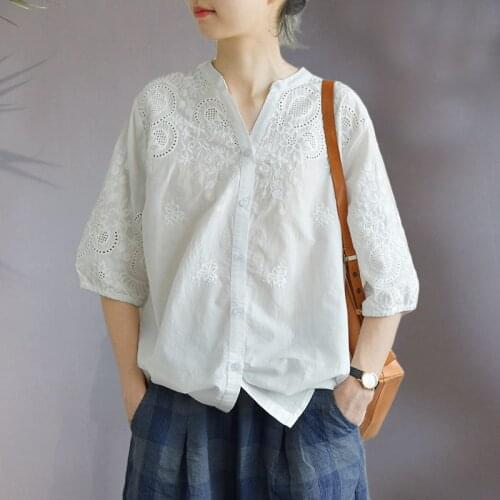 Lamtrip Unique Plus SIZE Feminine V-Neck Embroidery Cotton Half Sleeve Shirt Blouse 2021 Summer