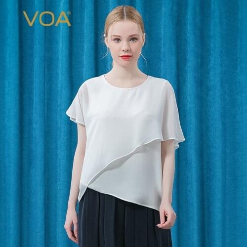 VOA Silk White Round Collar Lotus Leaf Sleeve Tops BE611 Georgette Stitching Stereo Decoration Asymmetric Casual T-shirt Women