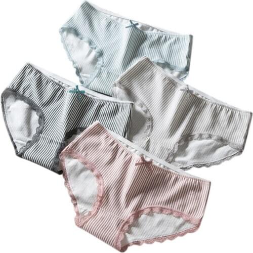 Women Striped Print Cotton Panties Lace Bow Briefs Thin Seamless Panties Breathable