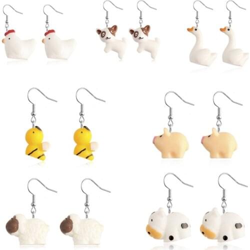 Women Earring Resin Drop Cute Girl Gift Eardrop Fun Cartoon 3D Animal Small Fresh Lady Earrings Bee Sheep Puppy Chick Cows
