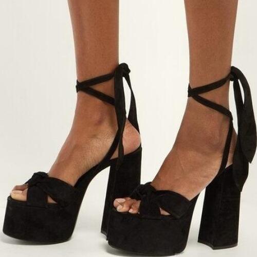 2019 Summer New Brand Woman Black Brown Red Suede Open Toe Butterfly Know Lace Up Ankle Square Heel Platform High Heel Sandals