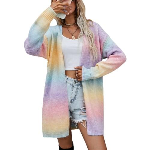Womens Casual Tie-dye Print Knitted Sweater Autumn Winter Long Sleeve Open Front Cardigan Y2K E-Girls Jackets Coat Outerwear
