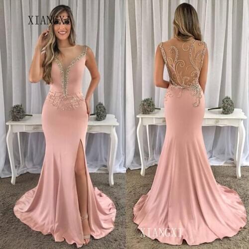 Charming Mermaid Evening Dress Satin Crystal Beaded High Split Floor Length Party Gowns Long Evening Dresses 2020 Vestidos